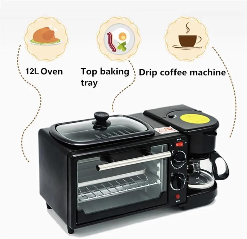 3-in-1 Multifunctional Breakfast Maker: 1250W with Drip Coffee Machine, Oven, and Top Tray for Frying and Warming