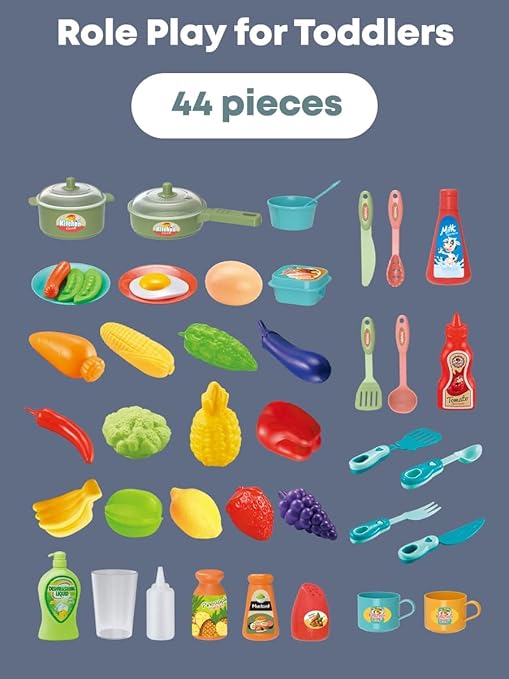 Plastic Toy Play Kitchen Food Set for Kids, Toddlers 3-5 - Cooking Pretend Play Interactive Station with Sink, Water, Steam, Sound, Accessories (44 items) - Little Girls Birthday Gift