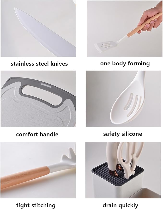 19 Piece Silicone Kitchenware Utensil Set Silicone Kitchen Utensils Set Heat Resistant Non-stick Cooking Tool with Wooden Handles Silicone Cookware Set BPA Free,19pcs Multicolor