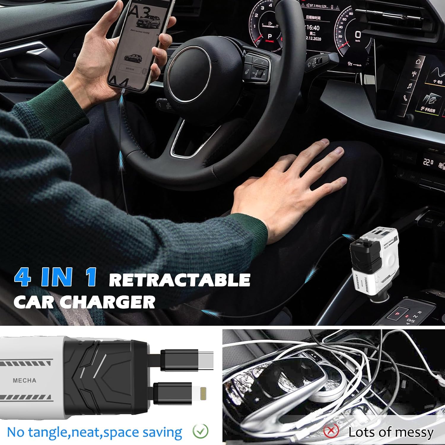 Retractable Car Charger 4 in 1 Ultra Fast with 2 Retractable Cables