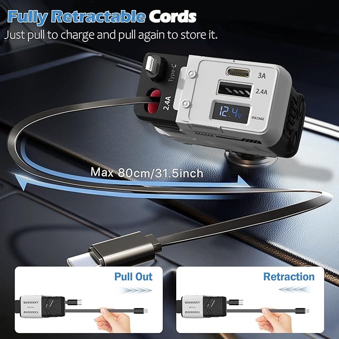 Retractable Car Charger 4 in 1 Ultra Fast with 2 Retractable Cables