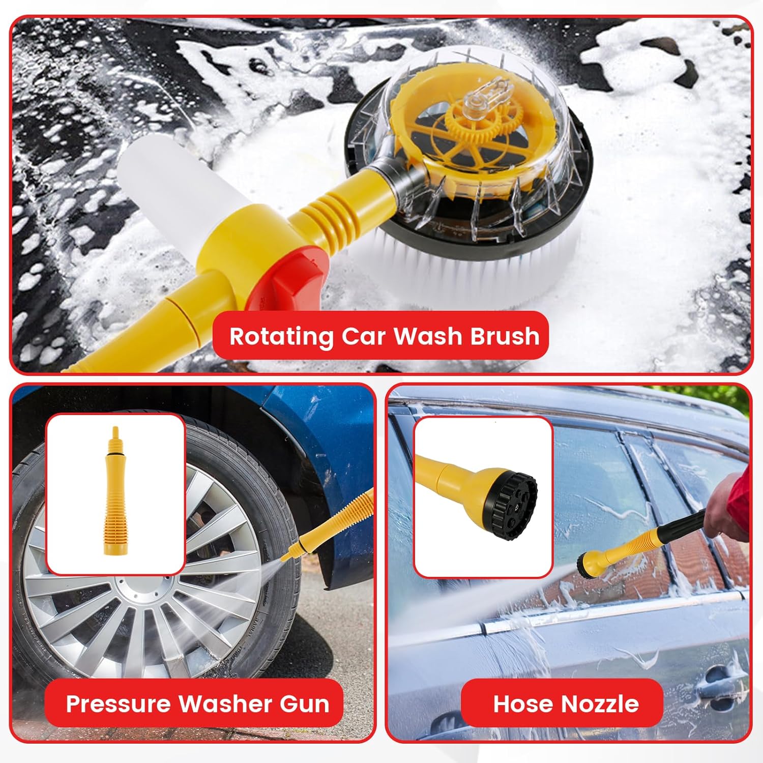 Car Wash Brush Kit 360° Auto Rotating Car Cleaning Brush with Foam Bottle 39'' Long Handle Chenille Car Cleaning Brush Mop High Pressure Car Scrub Brush With Hose Attachment