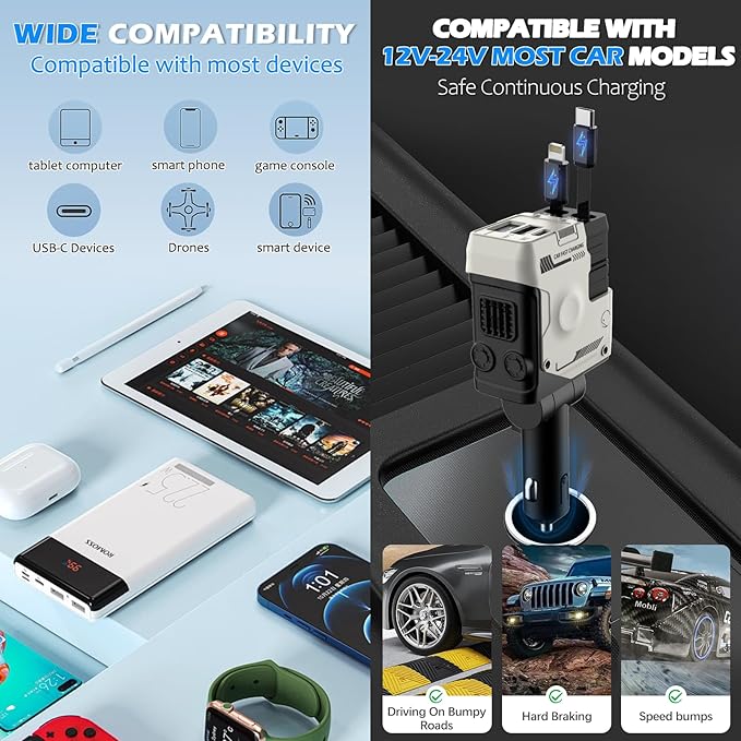 Retractable Car Charger 4 in 1 Ultra Fast with 2 Retractable Cables